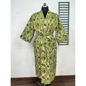 Kimono long réversible Kantha Pur pour femme, veste vert pastel, motif singe, en coton, paréo de plage - Product Image 1