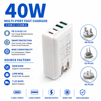 Cargador de Pared Rápido HNT de 40 W y 4 Puertos, Carga Rápida PD3.0, Adaptador de Pared Delgado 2C+2A, Enchufe Desmontable para Reino Unido/UE/Australia, para Samsung Android