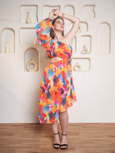 เดรสแขนพองคอพิมพ์ลายสำหรับผู้หญิง, เดรสยาวปานกลางใส่สบาย - Product Image 3