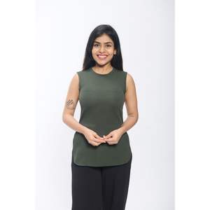 เสื้อถักลำลองสแปนเด็กซ์ผ่าข้างแขนกุดสีเขียวเข้มของผู้หญิงที่สง่างาม - Product Image 1