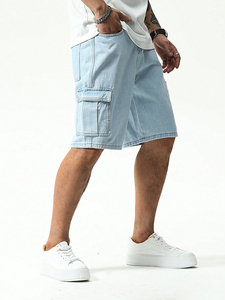 Short en jean taille haute uni à la mode pour homme bleu clair avec grandes poches style décontracté délavé foncé 100% coton - Product Image 6