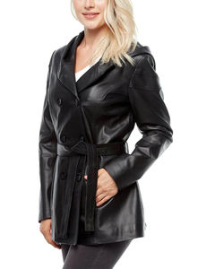 Trench-coat noir ceinturé en cuir à capuche longueur des hanches pour femmes Trench-coat en cuir de mouton de qualité supérieure - Product Image 2
