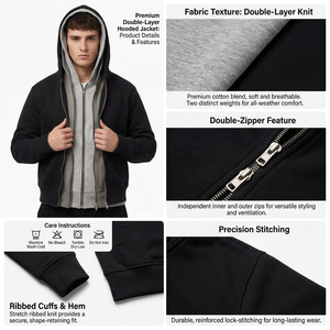 Sweat-shirt surdimensionné en coton Y2K pour homme, personnalisé, noir et gris, à double capuche, fermeture éclair intégrale, brodé, écologique, style streetwear, poids lourd - Product Image 6