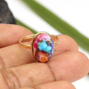 Meilleure vente Bague ovale pour femme Éternité Vermeil en argent sterling 925 plaqué or 18 carats orange Dahlia cuivre turquoise 10x14mm - Product Image 3