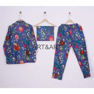 Hermoso pijama azul profundo hecho a mano 100% algodón suave para mujer, camisón, ropa de dormir, conjunto de pijama nupcial, regalo para la playa - Product Image 4