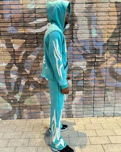 Custom Printed Acid Wash Winter Elastic Bottom Unisex Tracksuits <b>Applique</b> Embroidery Vintage Sun Faded Raw Hem Flared Hoodie Set - Product Image 3
