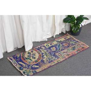 Vintage 1.5X3.1 ft Bleu Beige Turc Laine Tapis À La Main Grande Surface Rectangle Abstrait Patchwork pour Couloir Chambre Décor Latex - Product Image 3