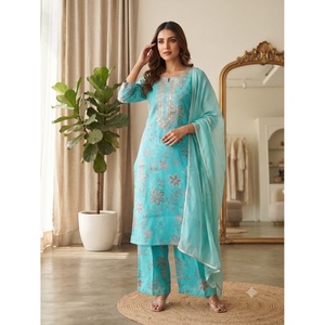 Ensemble 3 pièces d'été Rama pour femme, décontracté, bleu ciel, imprimé, 100% coton, toile tissée, élégant, long, style palazzo, avec dupatta brodé - Product Image 1
