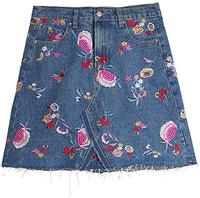 Mini-jupe en jean tissé vintage pour femme, taille naturelle, coupe trapèze, broderie dentelle, plissée, boutonnée, motif floral, écologique, antistatique, été
