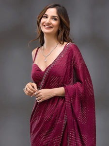 Sari de mariage Trendmalls pour femmes Siroski avec pièce de blouse non cousue (K1132-Violet) Coupe régulière - Product Image 5