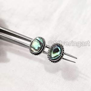 Boucles d'oreilles clous pour femmes en coquille d'ormeau naturelle, pierres précieuses, style bohème, bijoux faits à la main, boucles d'oreilles clous en argent sterling 925 - Product Image 6