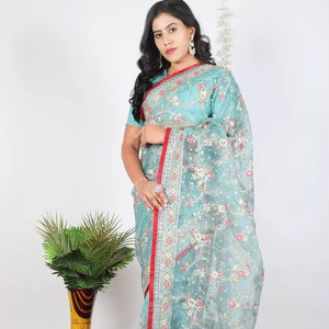 Collection de saris de créateur traditionnel indien avec travail de broderie de séquence en tissu Organza pour les femmes vêtements de fête - Product Image 1
