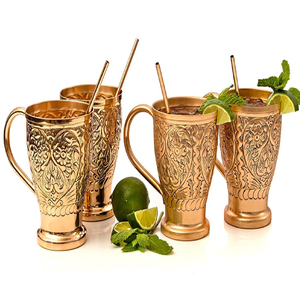 เหยือกทองแดงสลักด้วยมือที่มีลวดลายศิลปะและเรขาคณิตอันเป็นเอกลักษณ์และด้ามจับทองเหลืองบิดมีจำหน่ายในราคาขายส่ง - Product Image 3