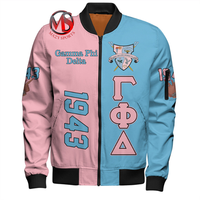 Nouvelle Arrivée Blousons Bomber Sororité Gamma Phi Delta Imprimés par Sublimation, Doublure Matelassée Bicolore, Poches à Rabat, Col Montant, Hiver