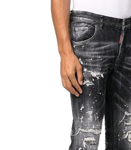 กางเกงยีนส์ผู้ชายสไตล์โดดเด่น เย็บด้วยเครื่องจักร แต่งลายปักแบบทำเก่า กระดุมผูกเอว ผ้าฝ้ายถัก - Product Image 4