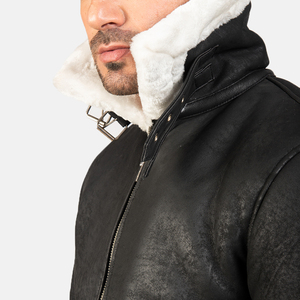 Chaqueta de bombardero de cuero desgastado negro de piel de oveja Original de Sherpa interior para hombres chaqueta de cuero de Sherpa Premium elegante personalizada - Product Image 5