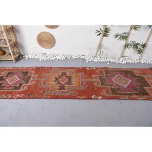 Turkish Herki Rug 2.7x10.4 ft, <b>Red</b> Brown Animal Print <b>Wool</b> Vintage Rug - Product Image 2