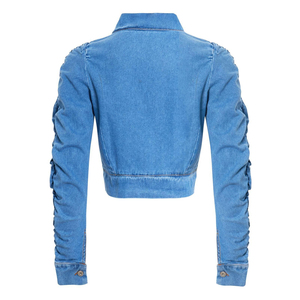 Chaqueta vaquera corta recortada para mujer con mangas largas abullonadas, forro de lana transpirable con botones, temporada de otoño, servicio OEM - Product Image 6