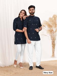 Khadi Cotton Short Kurta y Top Set con patrón impreso para parejas Fiestas colección - Product Image 5