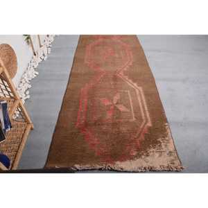 Turkish Rug, 3.37x15.3 ft Runner Rug, <b>Brown</b> Floral <b>Wool</b> Vintage Rug - Product Image 1