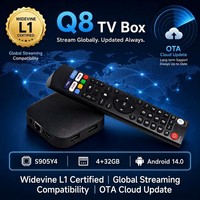 Boîtier TV Android 14.0 Widevine L1 Q8 S905Y4 4G 32G 4K 5G WIFI BT5.0, 1 pièce MOQ, avec interface utilisateur personnalisée et intégration du système de gestion des appareils CMS