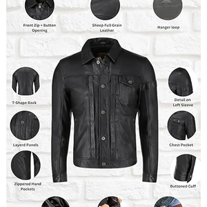 Veste de motard en cuir véritable noir pour homme, col rabattu, fermeture à boutons, coupe classique, style moto, vêtement d'automne - Product Image 3