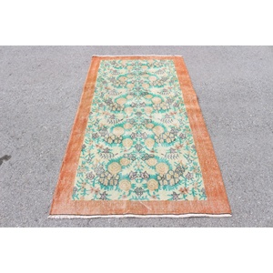 Tapis turc vintage 3,7x6,7 pieds, design patchwork écologique, laine orange et verte avec envers en latex - Product Image 1