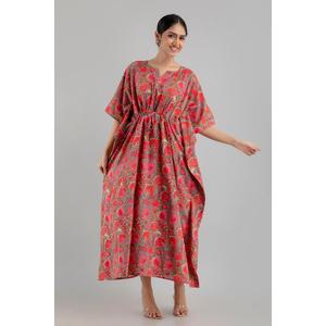 Robe longue ethnique en coton pur à imprimé floral rose - SHKUP1249 - Décontractée - Grande taille (XS à XL) - Longueur genou - Vêtements ethniques de jour ODM - Product Image 3