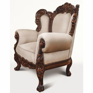 Fauteuil en bois massif de style victorien antique avec des détails floraux sculptés à la main et un revêtement en velours - Product Image 2