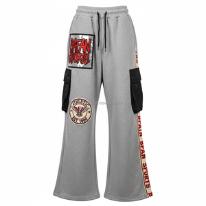 320 GSM algodón poliéster polar gris con bolsillos de carga negros cinta de logotipo lateral bordado personalizado estampado pantalones de hombre lavados - Product Image 1