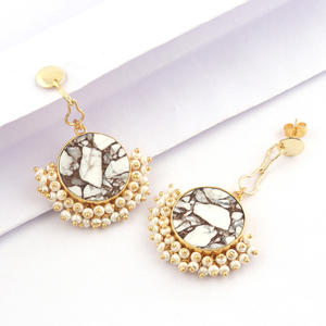 Luxury Design Round Howlite Turquoise Wire <b>Wrap</b> Tiny Pearl Earrings 24k Gold Plated Hanging Stud Dangle Earrings Fine Jewelry - Product Image 3