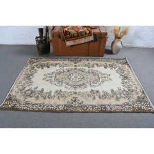 4x6.2 ft Area Vintage Rug, Turkish Rug, <b>Brown</b> White Striped <b>Wool</b> Rug - Product Image 3