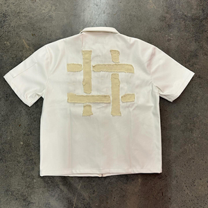 OEM Custom Logo Distressed Applique Embroidery Pu Leather <b>Shirt</b> Custom Short Sleeve Hip Hop Pu Leather Casual <b>Shirt</b> For Men - Product Image 4