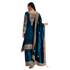 Traje de Palazzo bordado de terciopelo verde azulado, venta al por mayor de ropa étnica para mujer, fábrica de ropa OEM, proveedor a granel, ropa de fiesta personalizada - Product Image 5