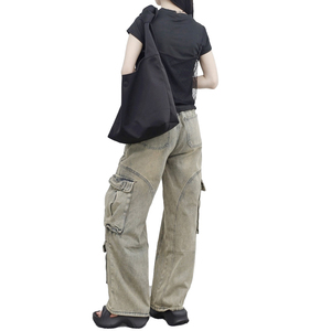 Men's Stonewashed Cargo Pants Wide Leg High Waist Elastic Waist Multiple Pockets Workwear Style Drawstring Closure <b>Canvas</b> - Product Image 2