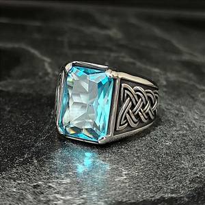 Anillo de Plata de Ley 925 Hecho a Mano para Hombre con Piedra Preciosa de Aguamarina Azul Cielo, Corte Cuadrado, Joyería Masculina - Product Image 3