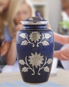 Full Size Blue Sunflower Cremation Urn Large Funeral and Memorial Urns for Human Ashes 200 Lbs W/ <b>Velvet</b> <b>Bag</b> - Product Image 3