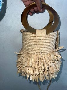 Bohemian <b>Straw</b> Bucket <b>Bag</b> Two Handles Lightweight Women's Beach <b>Tote</b> Crochet Weave Handmade Fringe Cotton Lining 1L Capacity - Product Image 1