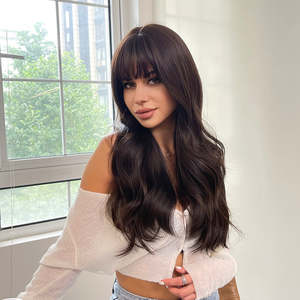 Isla-DWY High Quality Synthetic Lace <b>Wig</b> Brown <b>Long</b> Wavy <b>Wig</b> with Light Brown Bangs Loose Wave Style for Women - Product Image 4