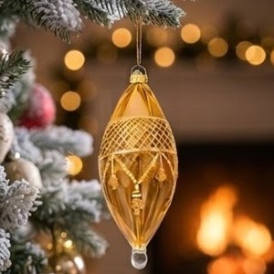 Adorno Navideño Ovalado de Cristal Ámbar Egipcio Hecho a Mano, Diseño Floral Intrincado con Rejilla Dorada, Moderno y Lujoso para Colgar - Product Image 5