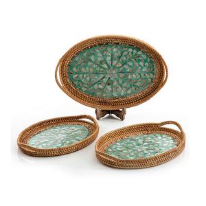 ชุดถาดเสิร์ฟอาหารทำจากไม้ไผ่หวายและงานฝังมุก 3 ชิ้น ขนาดต่างๆ รูปทรงวงรี ถาดใส่ของหวาน ราคาไม่แพง - Product Image 1