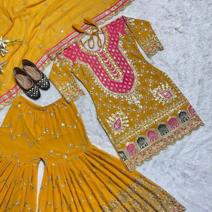 Heavy Designer Wear Faux Georgette Heavy Sequence Broderie Travail Top Et Sharara Palazzo Avec Fantaisie Dentelle Dupatta - Product Image 1