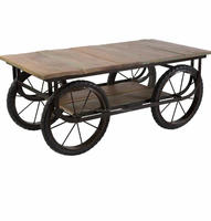 Table en forme de Thela en bois faite à la main de style industriel pour hôtel restaurant Table en métal à roues mobiles Table à manger de meubles anciens