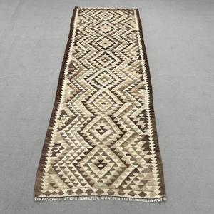 Vintage Runner Rug, 3.5x9.4 ft Turkish Rug, <b>Brown</b> Kilim <b>Wool</b> Rug - Product Image 1