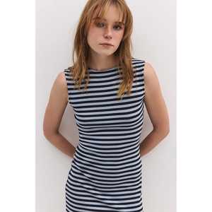 Mini Vestido Casual a Rayas de Tela No Tejida con Cintura Natural y Espalda Descubierta - Product Image 3