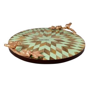 Modern Design Wooden Round Tray with Gold Metal Handles Solid Wood Patchwork Serving Tray for Home & Kitchen Gifting - Product Image 1