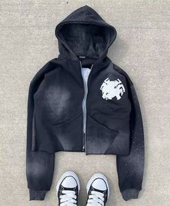 Sudadera con cremallera unisex personalizada de fabricante OEM, sudadera con estampado alto de diamantes de imitación desgastados bordados de algodón 100% - Product Image 5