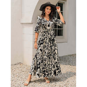 Abito Elegante da Donna con Collo Annodato e Maniche Lunghe, Stampa Smocked Sexy Estivo, Traspirante con Vita Elastica, Taglia XS, Ideale per il Giorno e il Club - Product Image 4