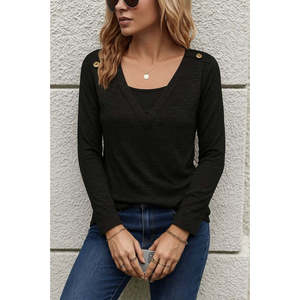 Blusa de felpa con detalle de botones y cuello en V de manga larga para mujer, 28456 - Negro - Product Image 1