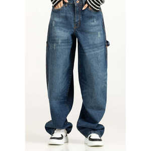 กางเกงยีนส์เดนิมเอวสูงทรงขากว้างสำหรับผู้หญิง รุ่น WM-JNS-SS25-006 ระบายอากาศได้ดี ซักได้ สไตล์วินเทจ ทรงขาบานหลวมๆ แบบคาร์โก้ สไตล์ Y2K พร้อมโลโก้ - Product Image 4